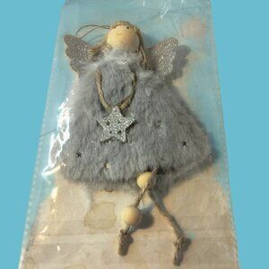 Silver Angel Hanging Ornament Faux Fur Dress Glitter Wings Holiday Star